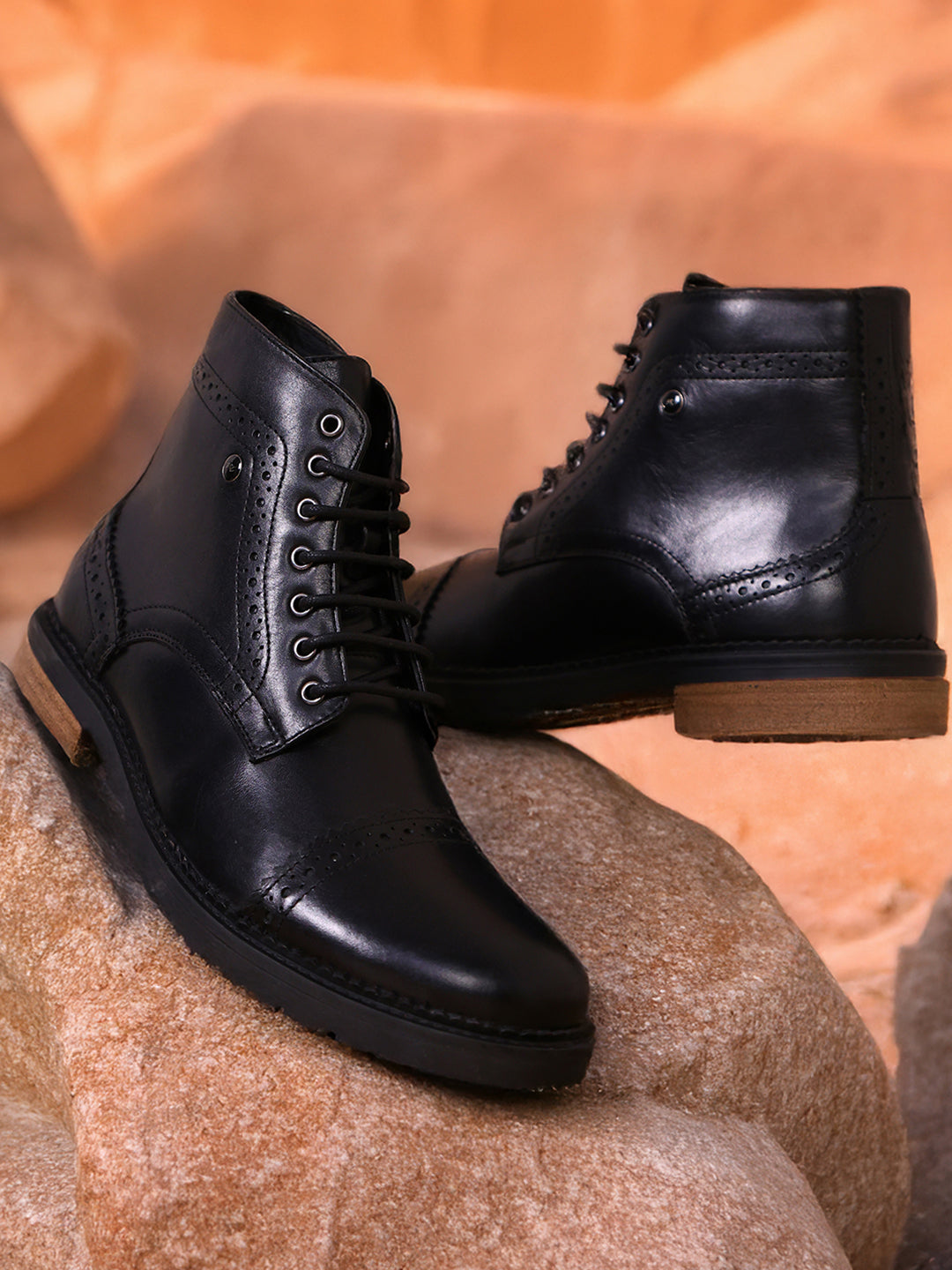Men Black Genuine Leather Lace Up Boots