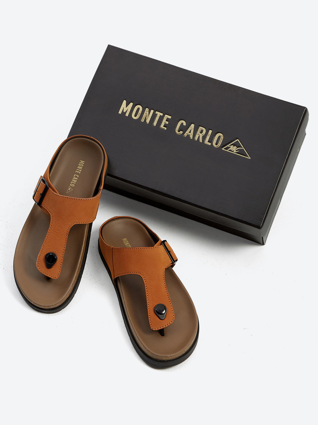 Men Tan Buckle Design Leather Slipper