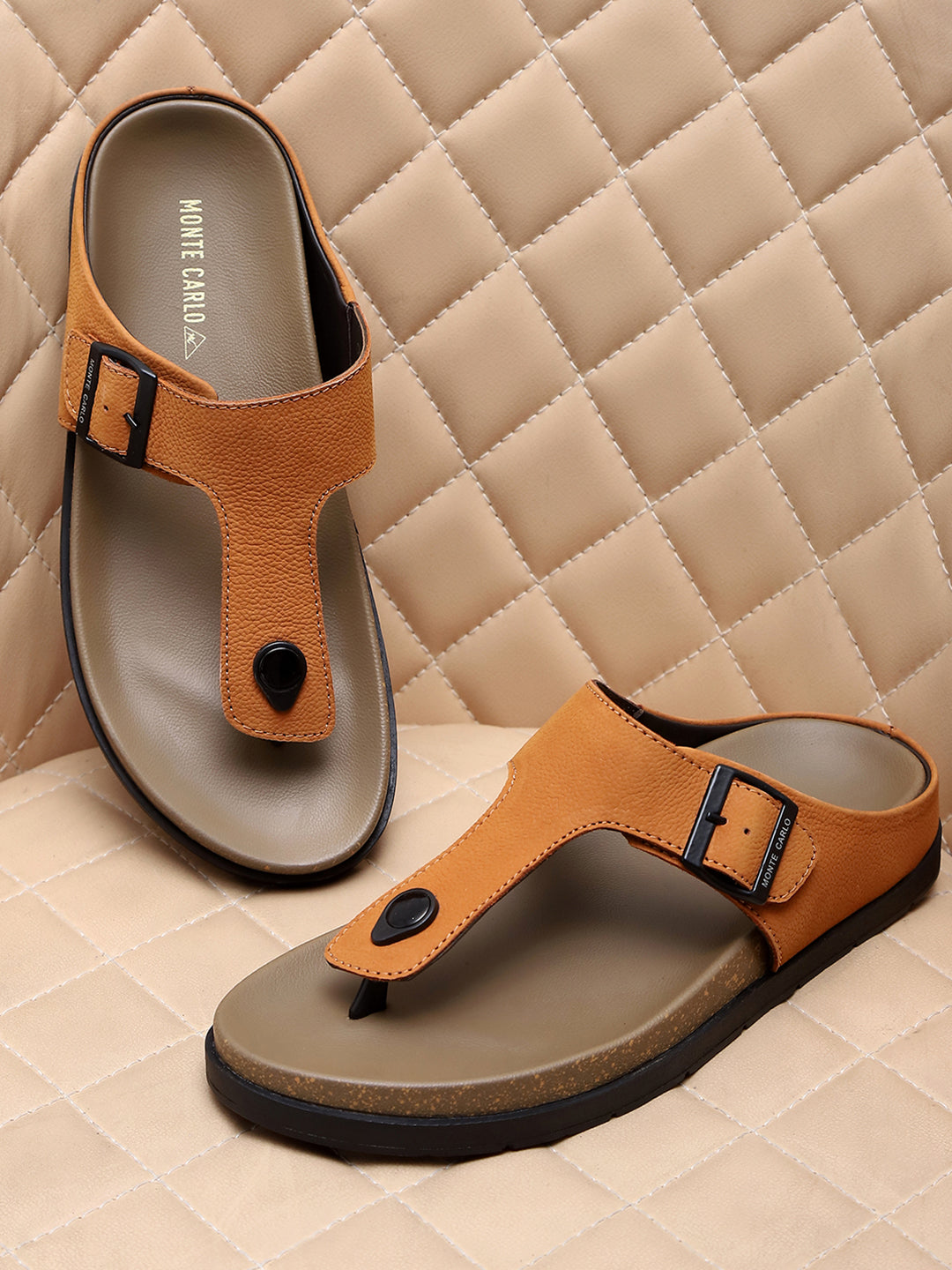 Men Tan Buckle Design Leather Slipper - Main Image