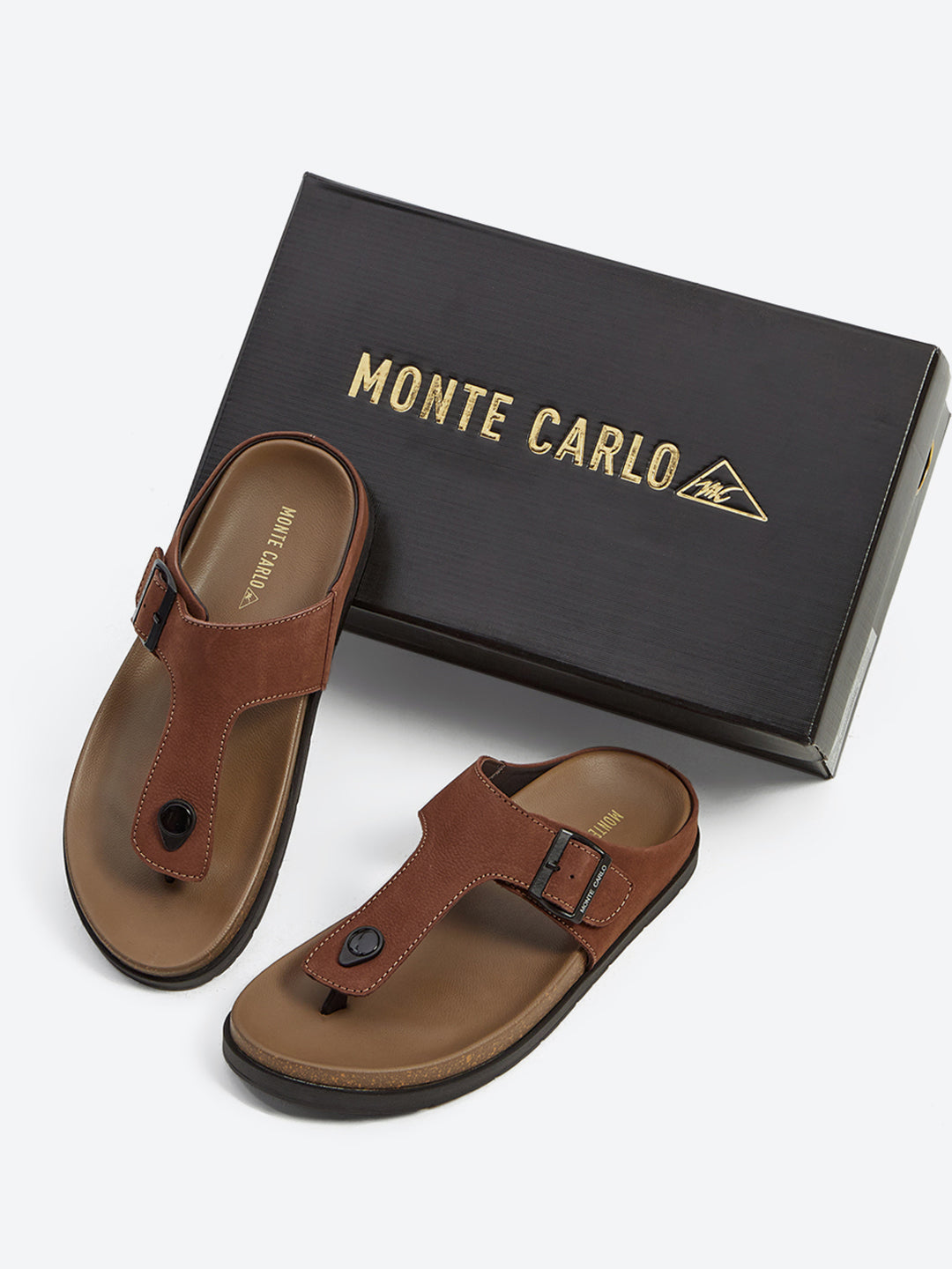 Men Brown Buckle Design Leather Slipper