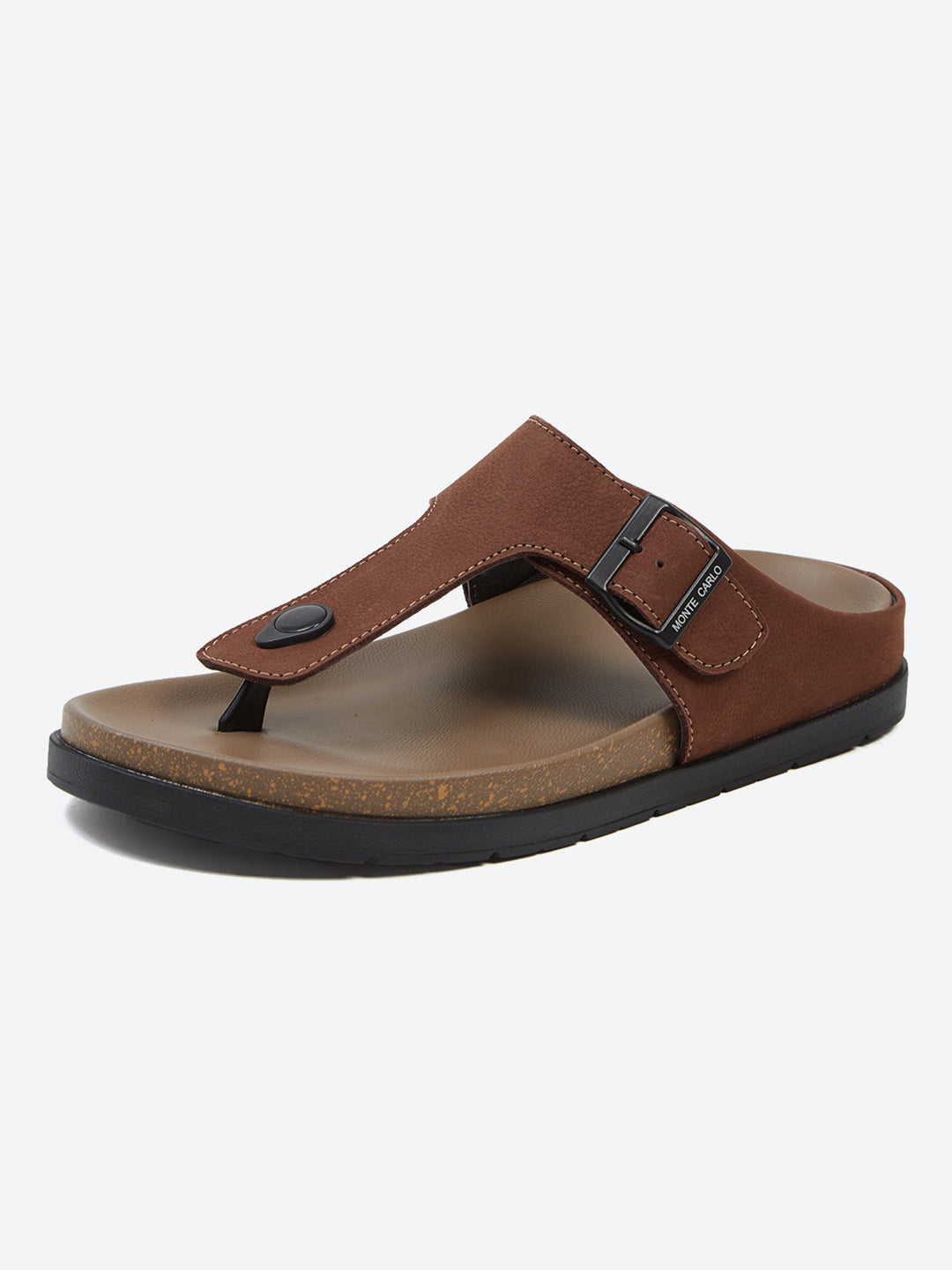 Men Brown Buckle Design Leather Slipper