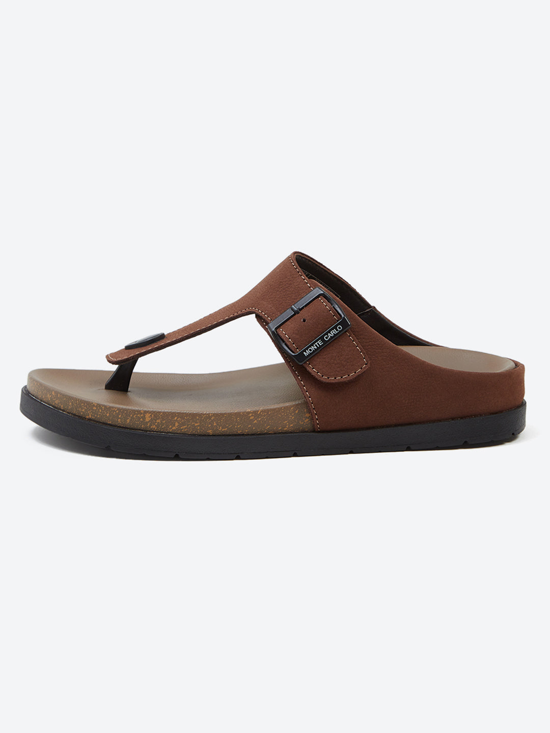 Men Brown Buckle Design Leather Slipper