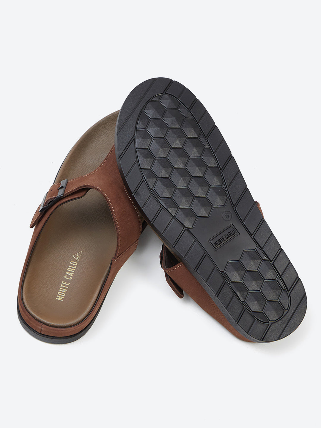 Men Brown Buckle Design Leather Slipper