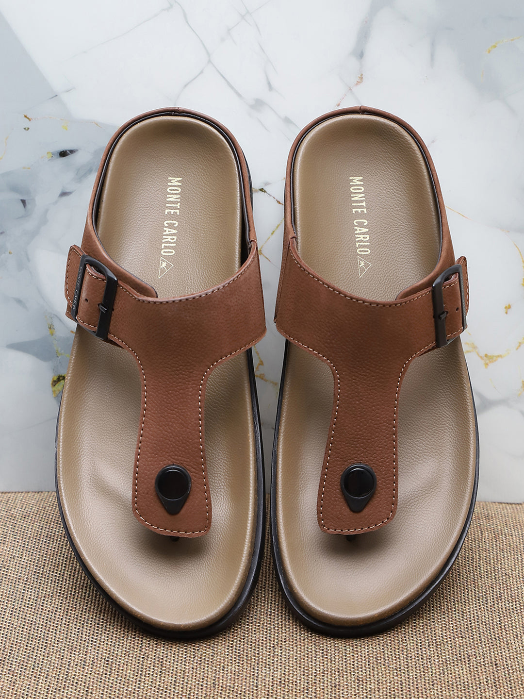 Men Brown Buckle Design Leather Slipper