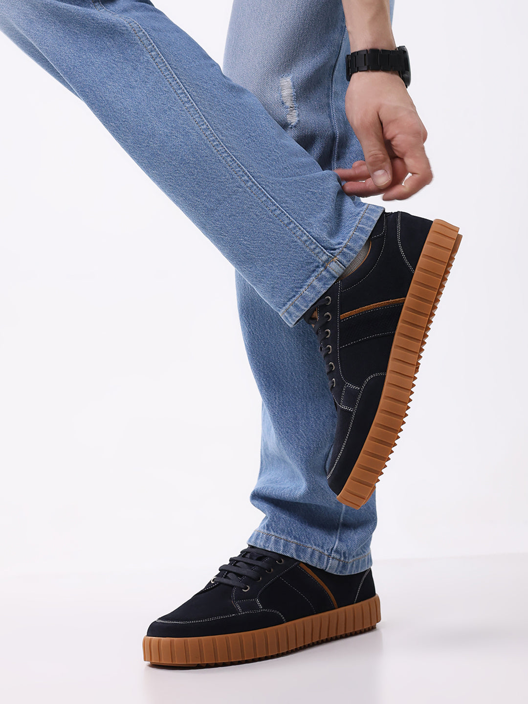 Men Blue Lace Up Genuine Leather Sneaker