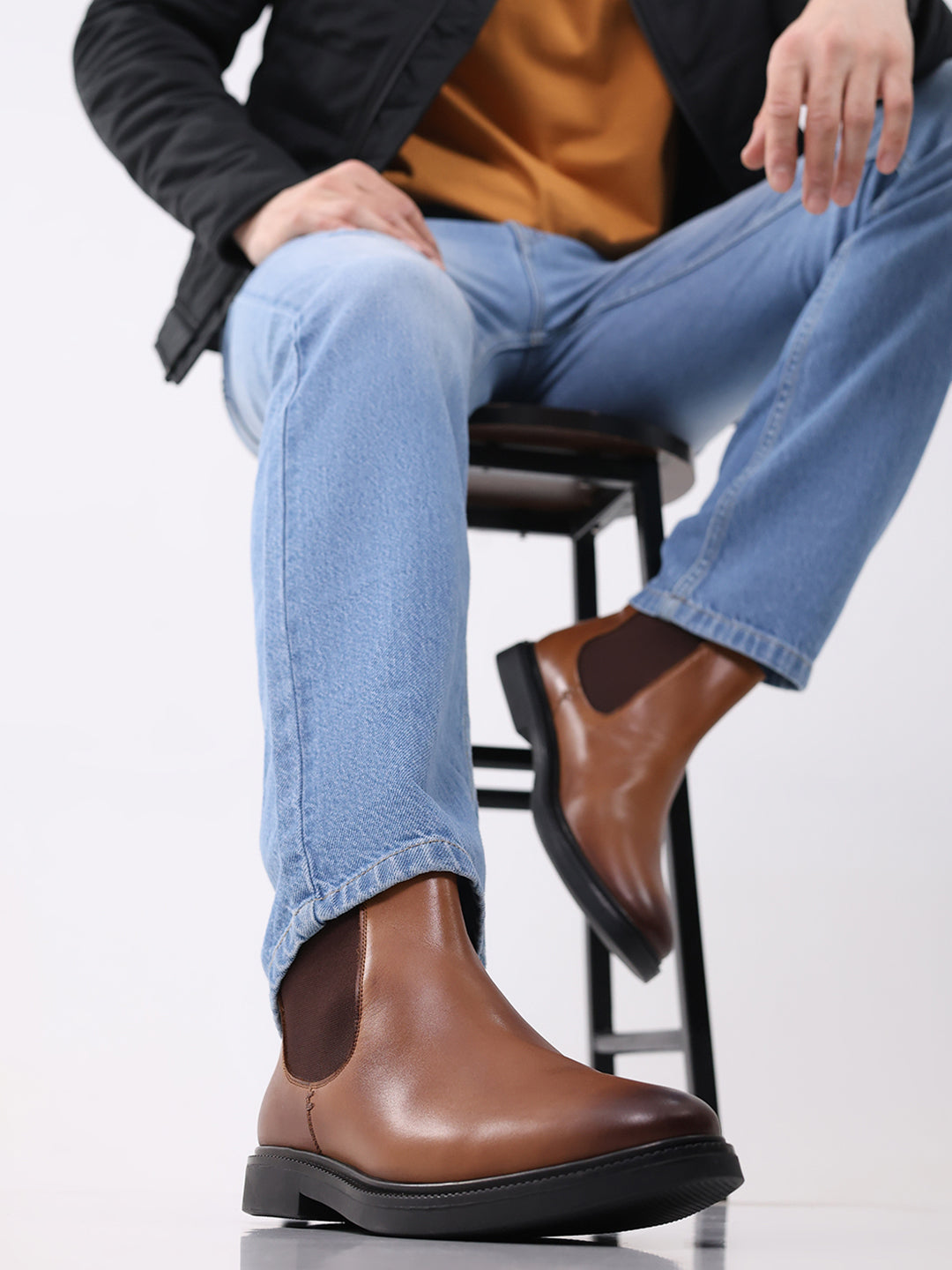 Men Tan Elastic Genuine Leather Chelsea Boots