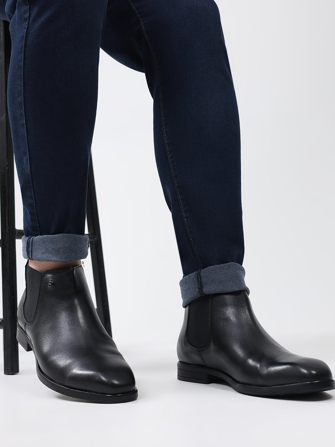 Men Black Elastic Genuine Leather Chelsea Boots