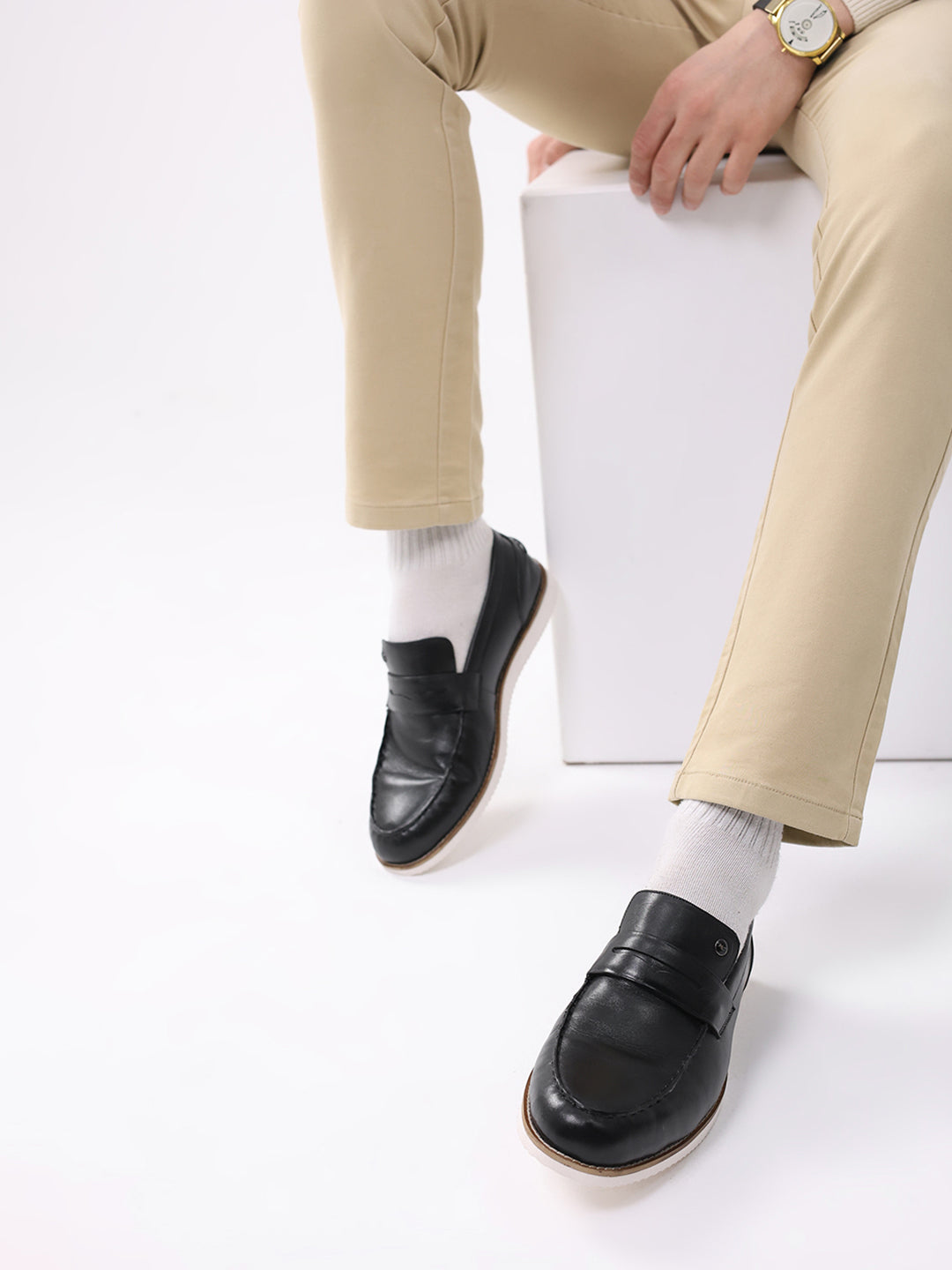 Men Black Slip on Genuine Leather Penny Loafers