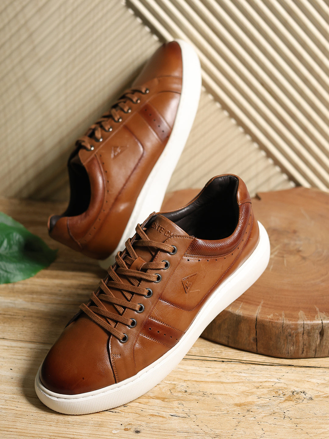 Men Tan Lace Up Genuine Leather Sneaker