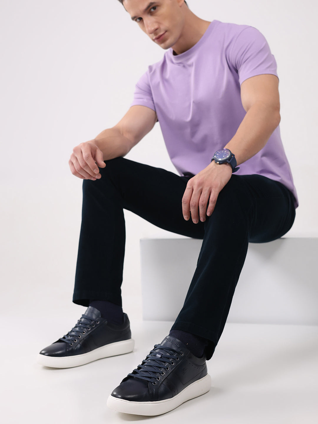 Men Navy Blue Lace Up Genuine Leather Sneaker