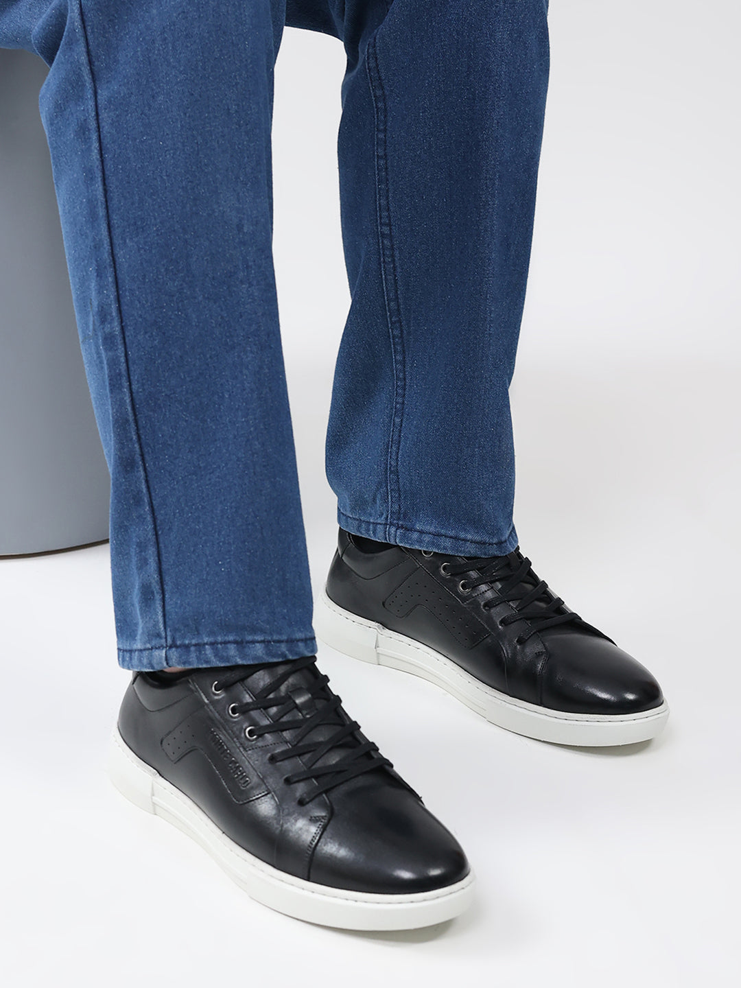 Men Black Lace Up Genuine Leather Casual Sneakers