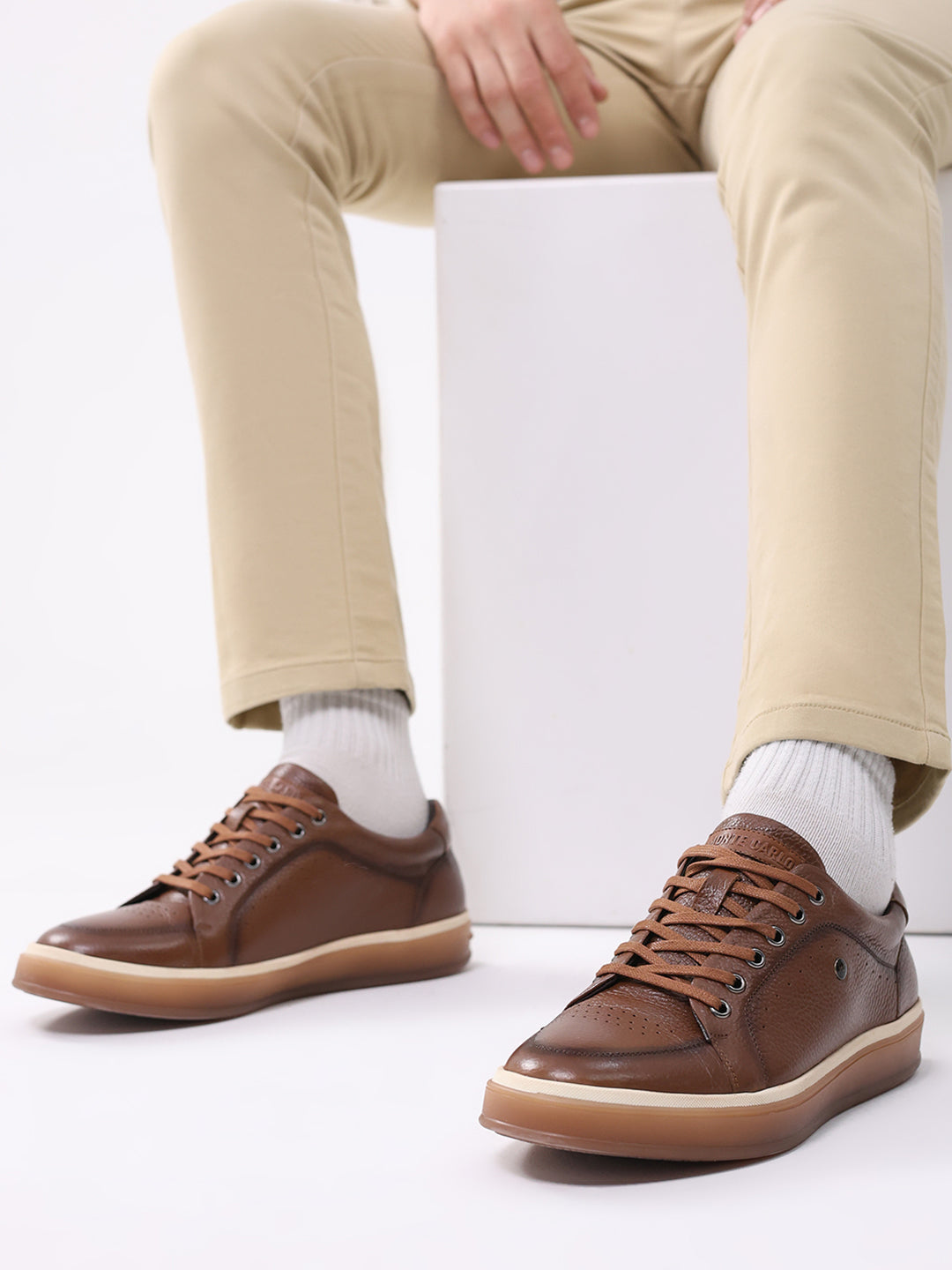 Men Tan Casual Lace Up Genuine Leather Sneaker
