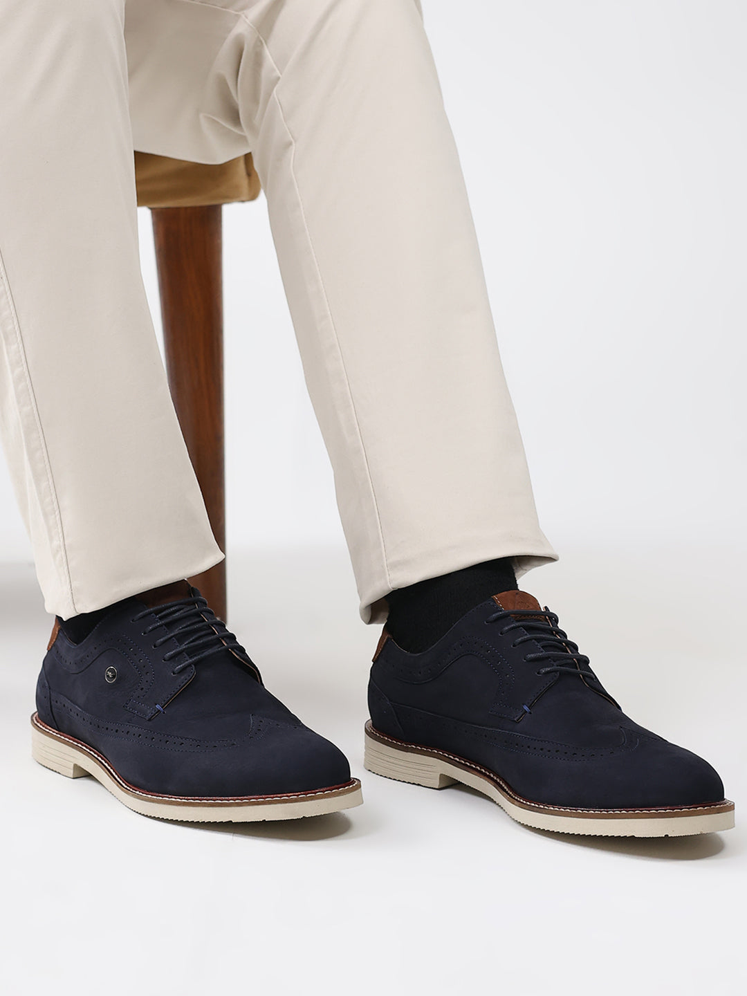 Men Navy Blue Lace Up Genuine Leather Casual Brogues