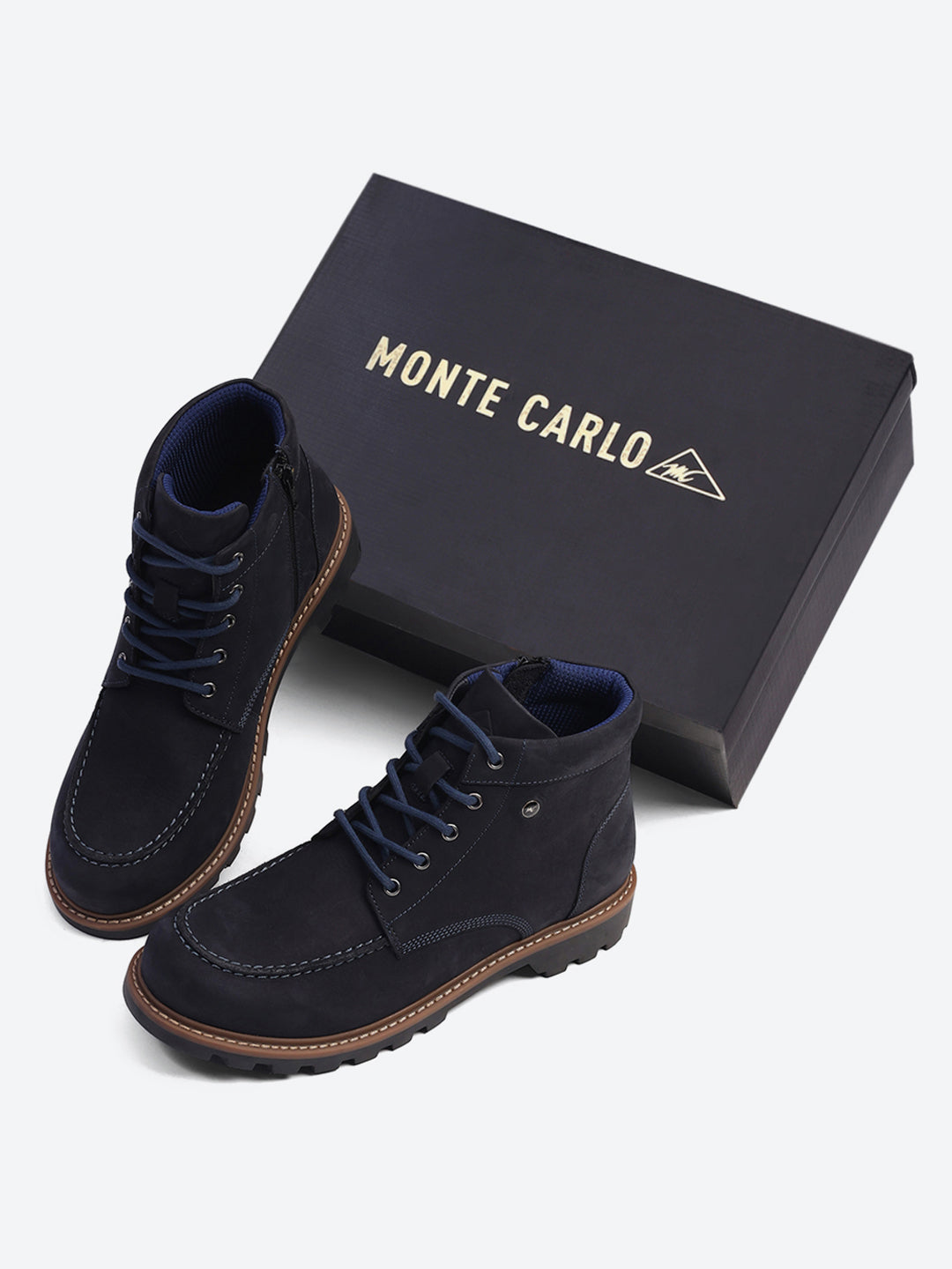 Men Navy Blue Genuine Leather Lace Up Boots
