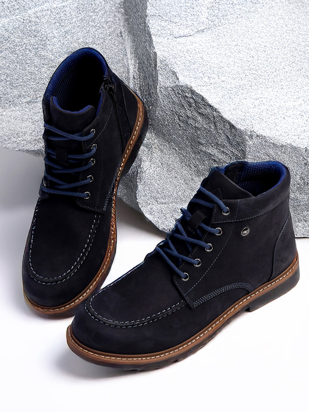 Men Navy Blue Genuine Leather Lace Up Boots