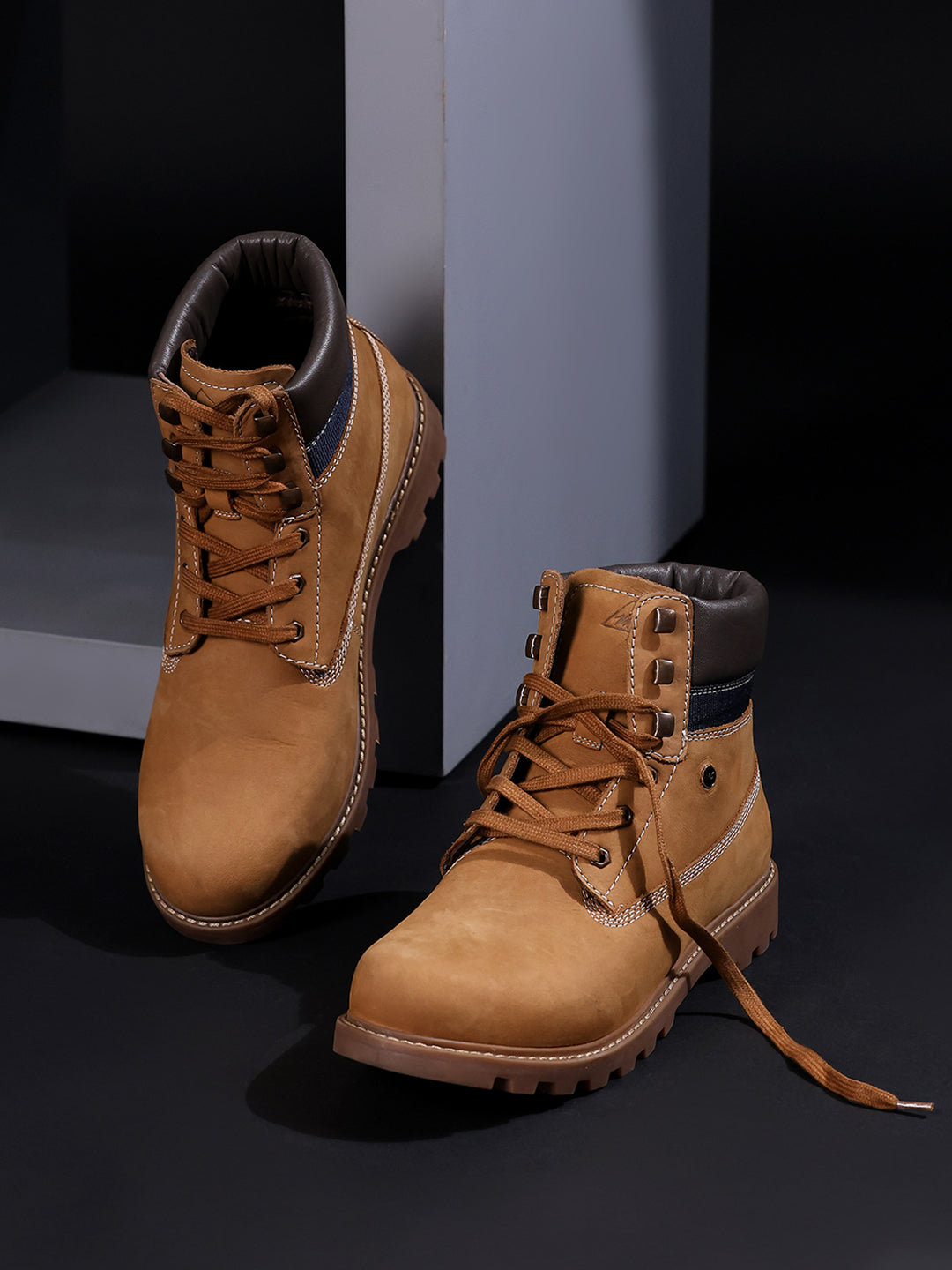 Men Tan Genuine Leather Lace Up Boots
