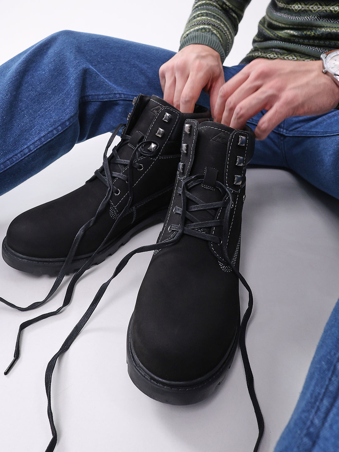 Men Black Genuine Leather Lace Up Boots
