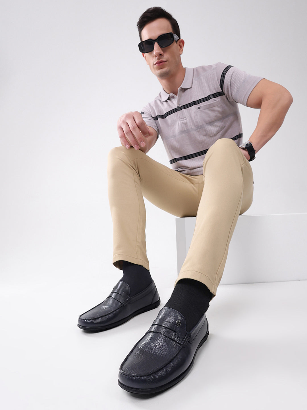 Men Navy Blue Slip on Genuine Leather Loafers