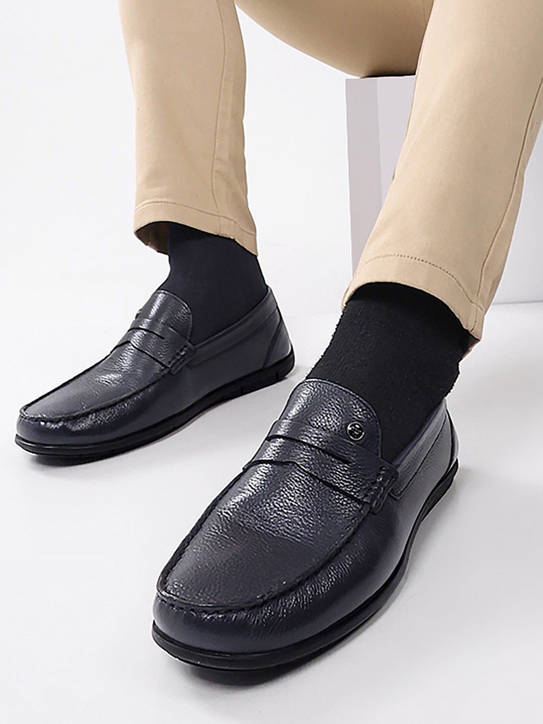 Men Navy Blue Slip on Genuine Leather Loafers