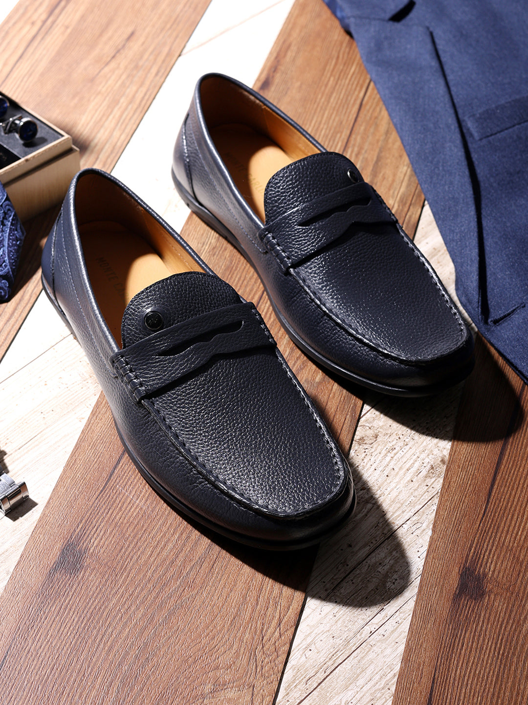 Men Navy Blue Slip on Genuine Leather Loafers - Main Image