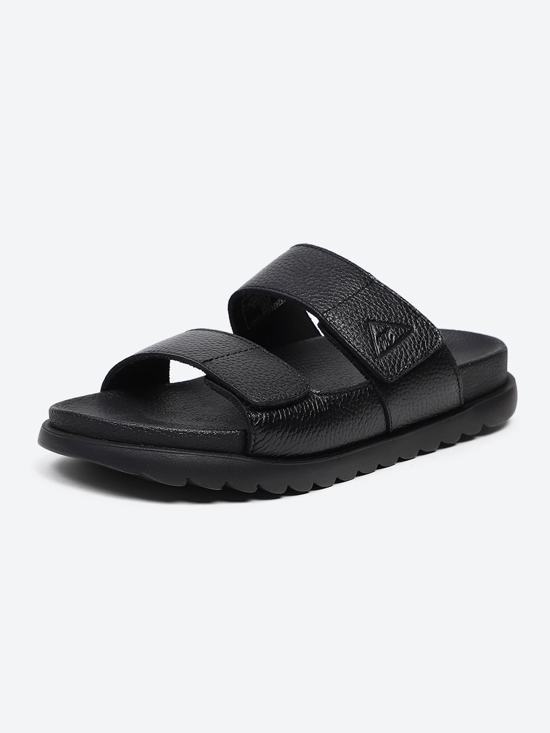 Men Black Velcro Genuine Leather Sliders