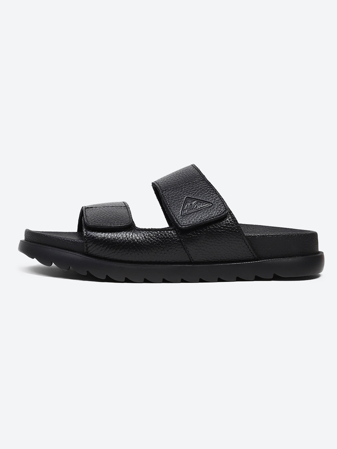 Men Black Velcro Genuine Leather Sliders