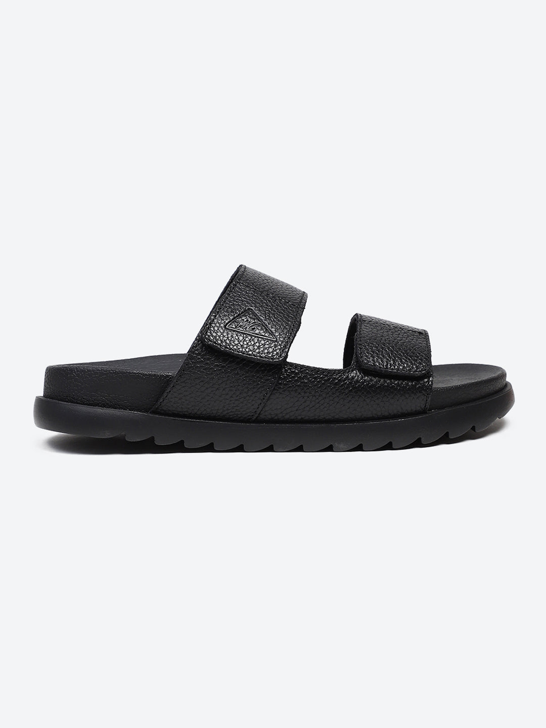 Men Black Velcro Genuine Leather Sliders