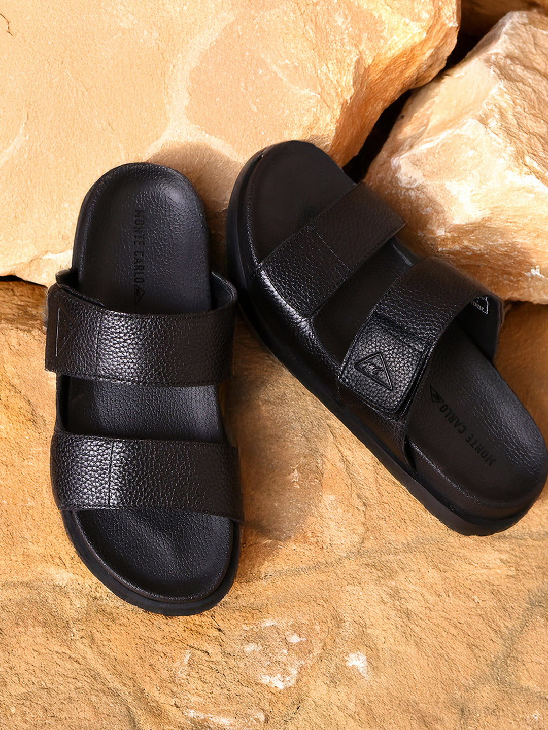 Men Black Velcro Genuine Leather Sliders