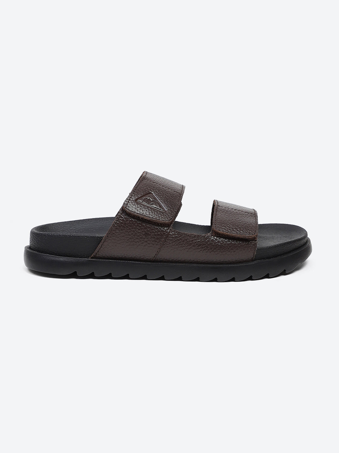 Men Brown Velcro Genuine Leather Sliders
