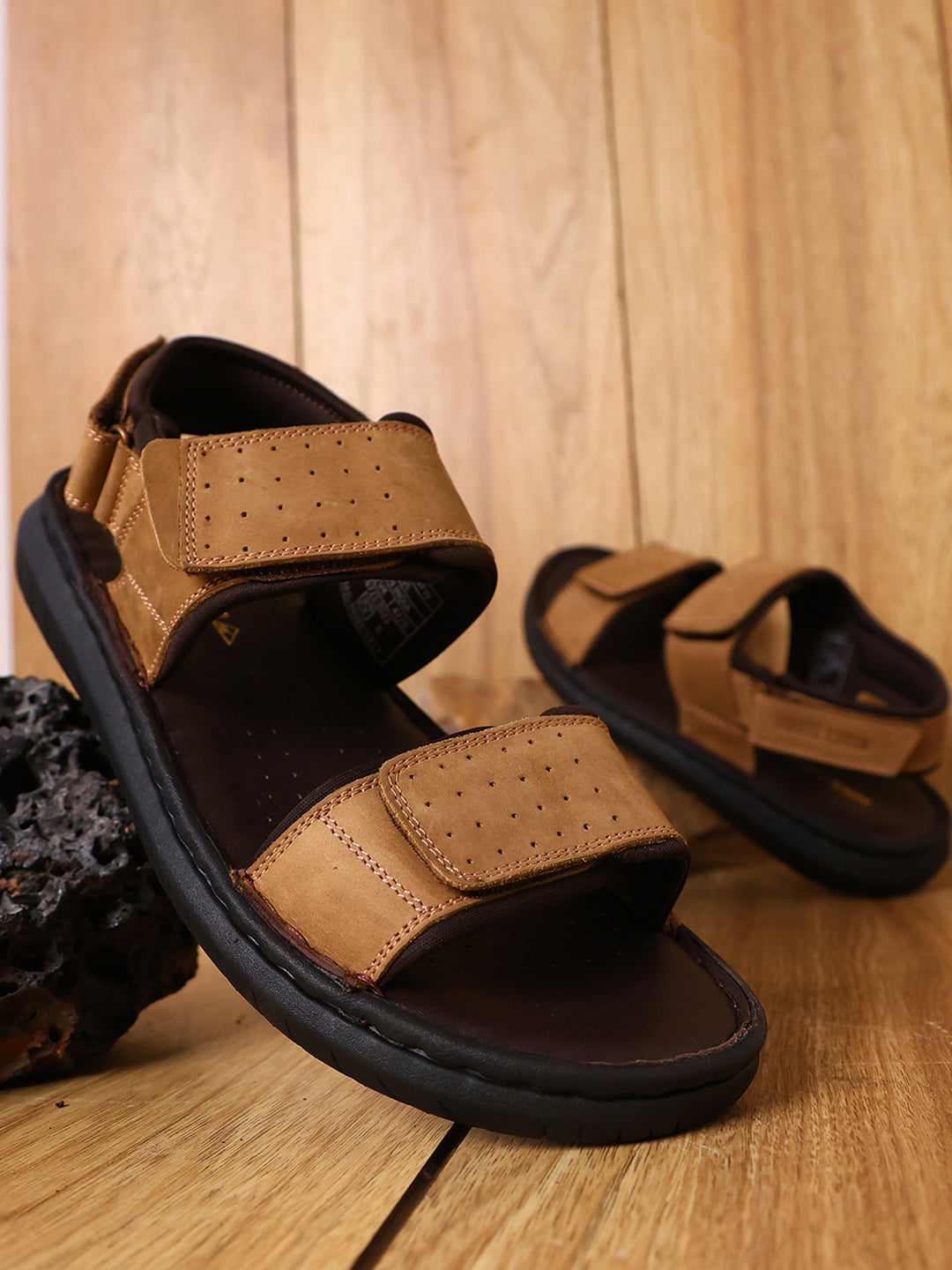 Men Tan Velcro Leather Sandals