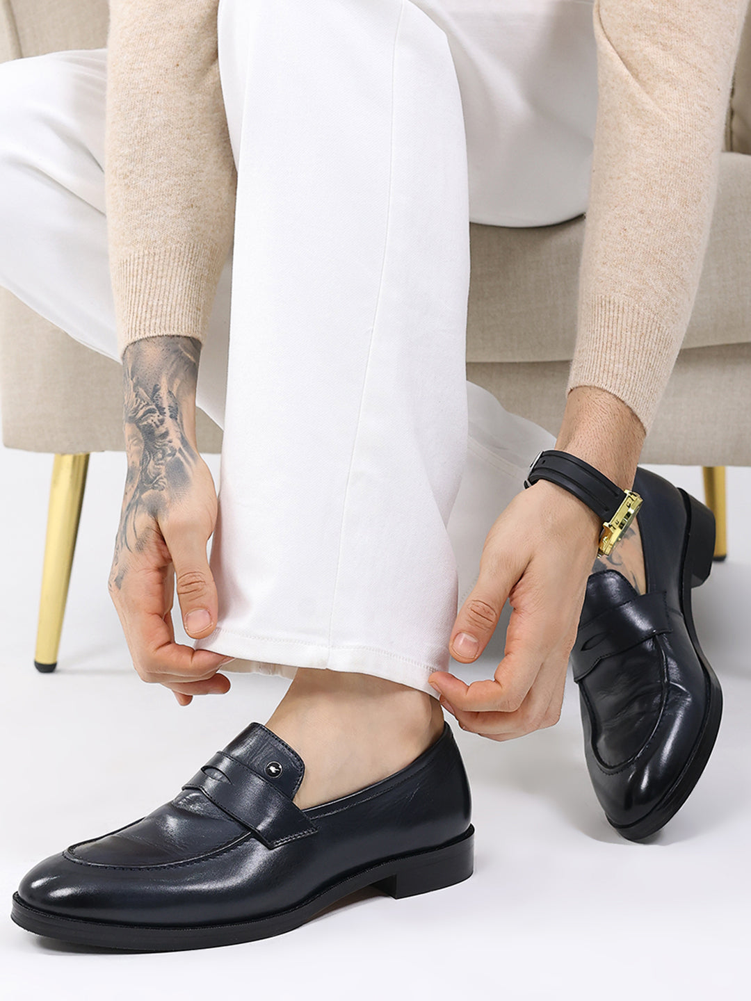 Men Dark Blue Slip on Leather Loafers