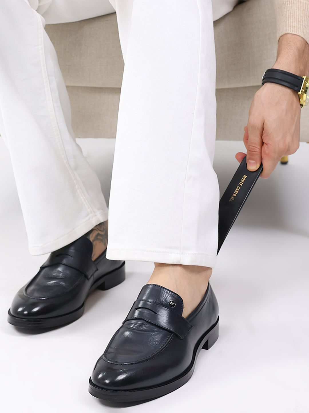 Men Dark Blue Slip on Leather Loafers