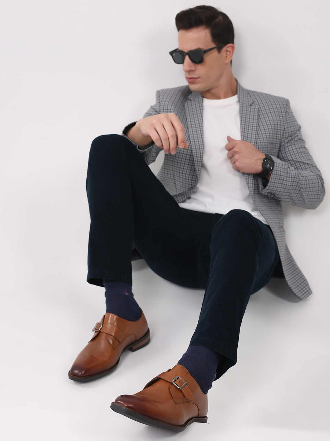 Men Brown Elastic Leather Formal Monks