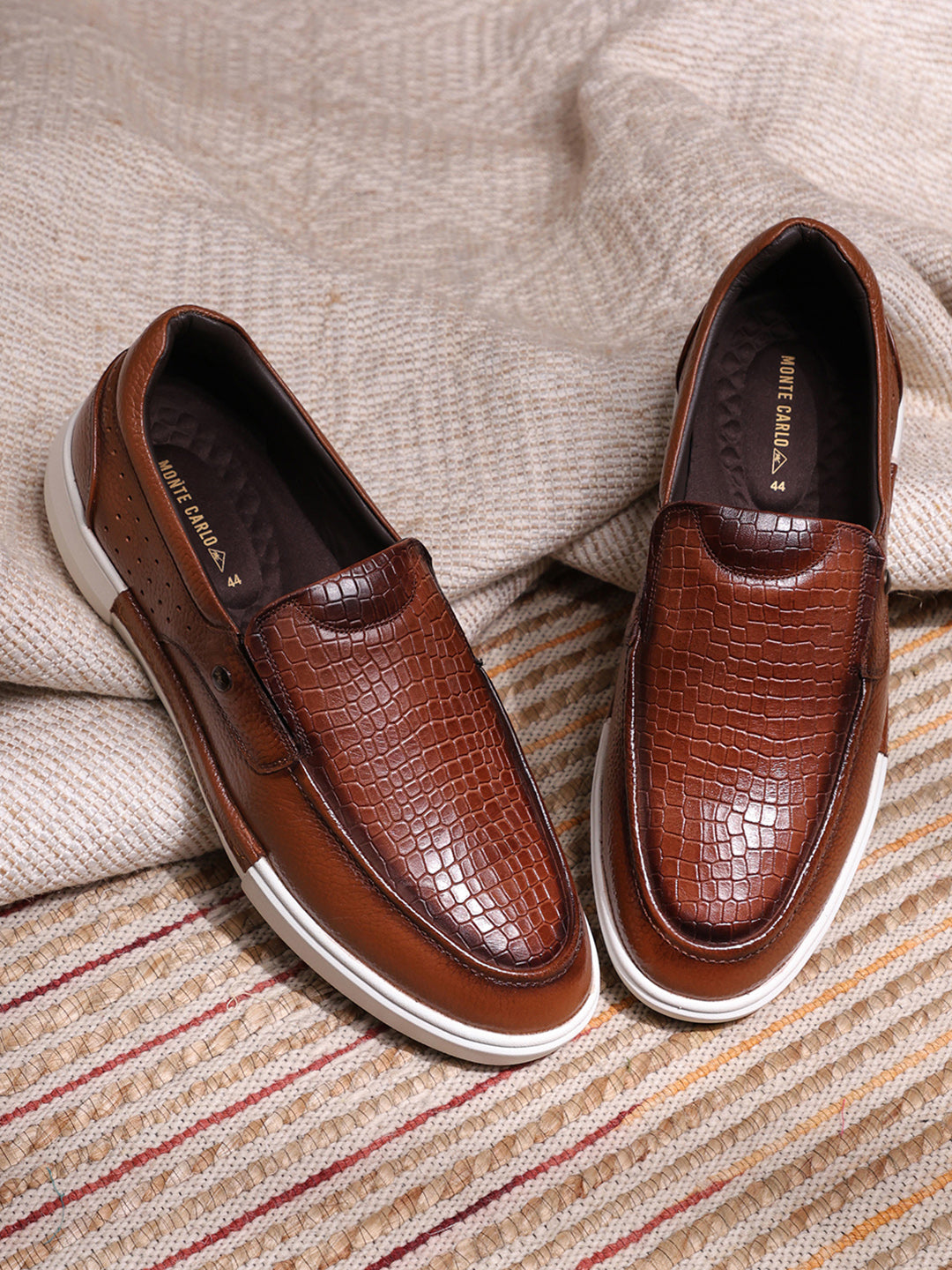 Buy Monte Carlo Tan Croc Print Leather Casual Slip on Shoes for