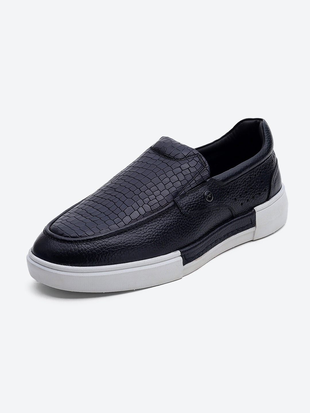 Monte Carlo Navy Blue Croc Print Leather Casual Slip on Shoes for Men