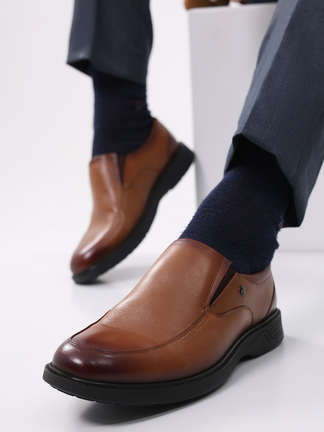 Men Tan Leather Slip on Shoes