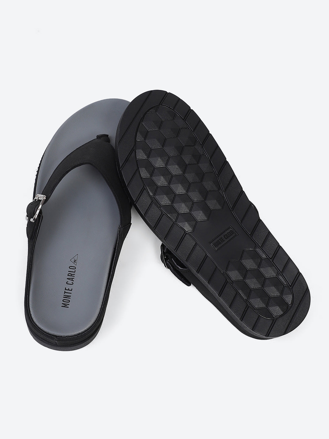 Men Black Buckle Genuine Leather Slipper