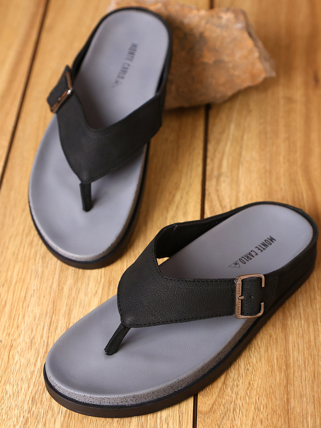 Men Black Buckle Genuine Leather Slipper