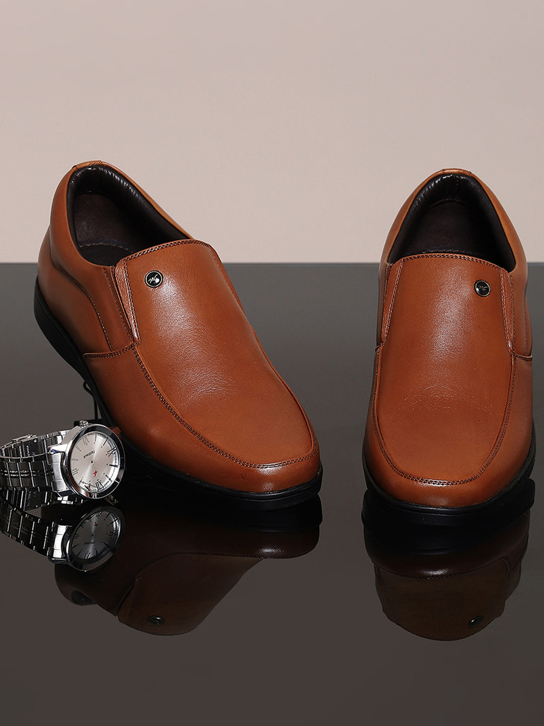 Men Tan Solid Slip on Genuine Leather Square Toe Slip on Shoes