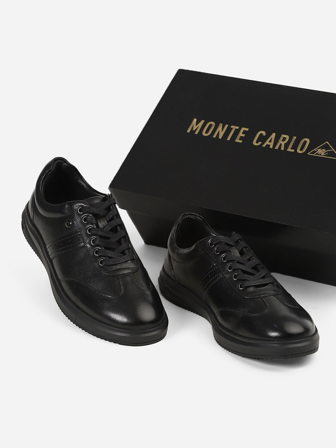 Men Black Lace-Up Genuine Leather Casual Sneaker