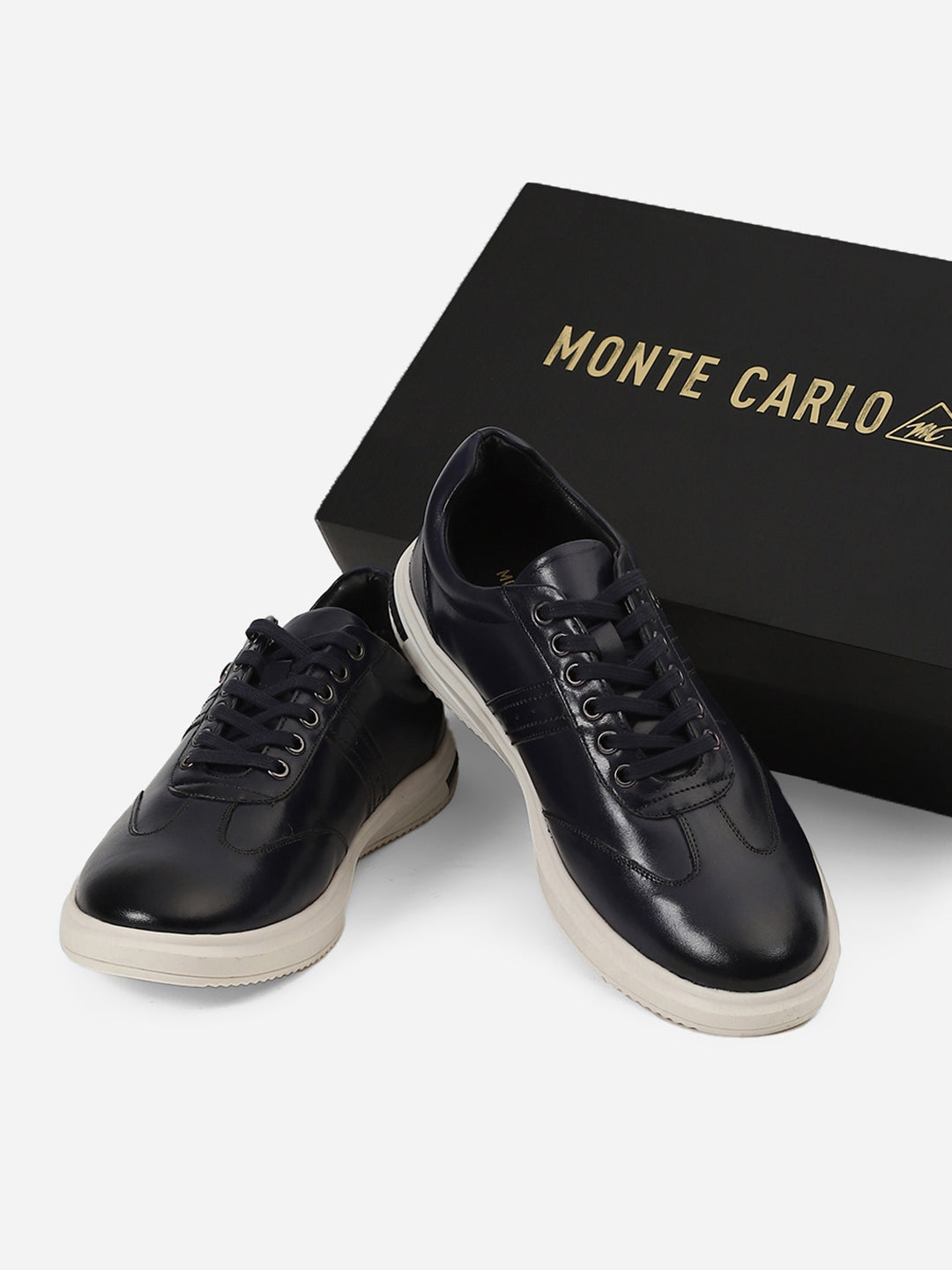 Men Navy Blue Lace-Up Genuine Leather Casual Sneaker