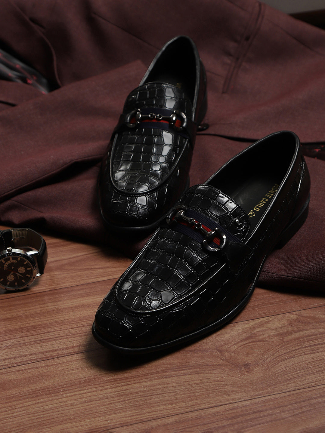 Men Black Slip-On Genuine Leather Croco Print Penny Loafers