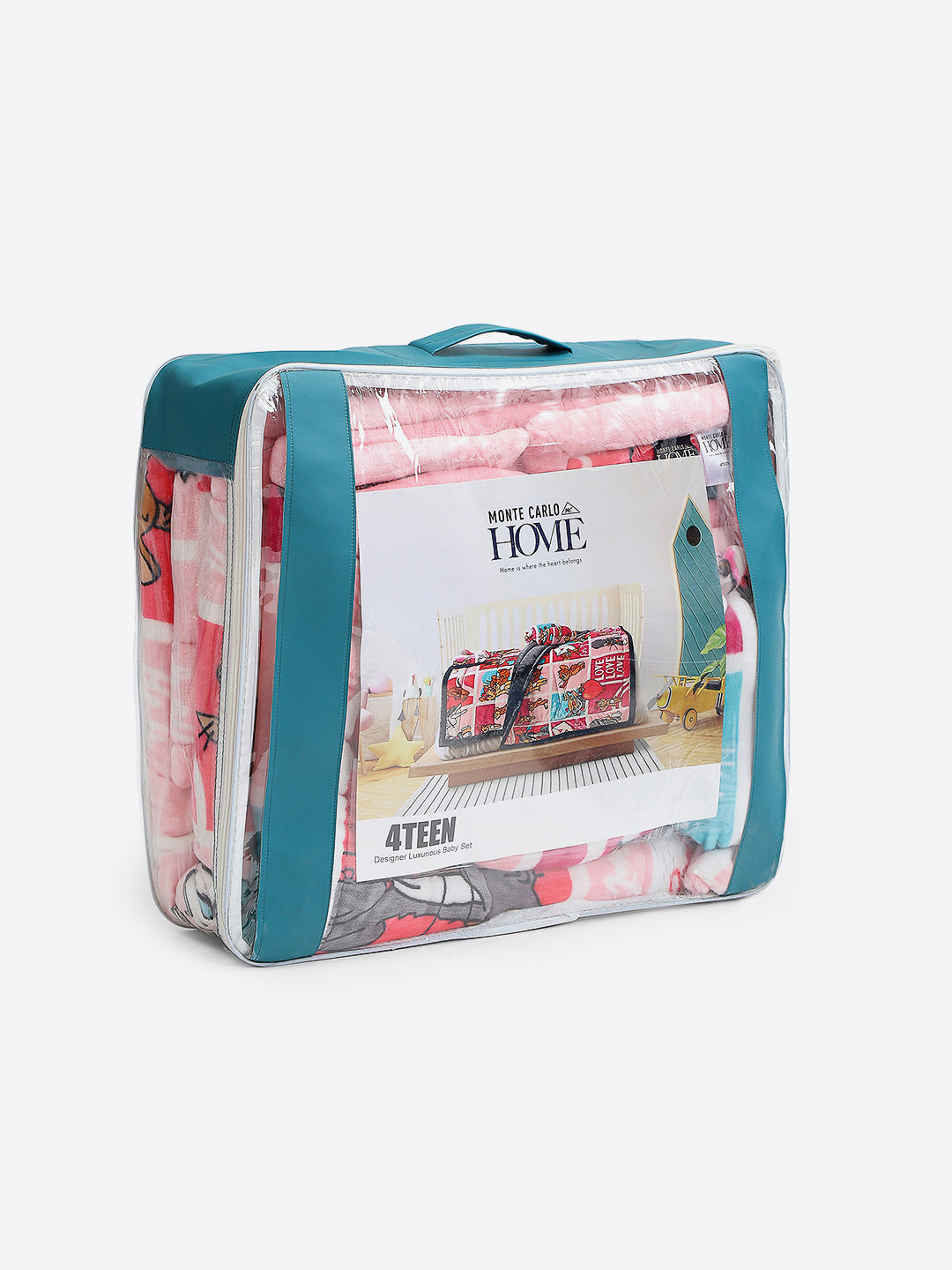 Printed Baby Blanket 3 Ply, 1609 GSM 5Pcs Set (1 Baby Comforter, 1 Bedsheet, 1 Neck Pillow & 2 Bolster)