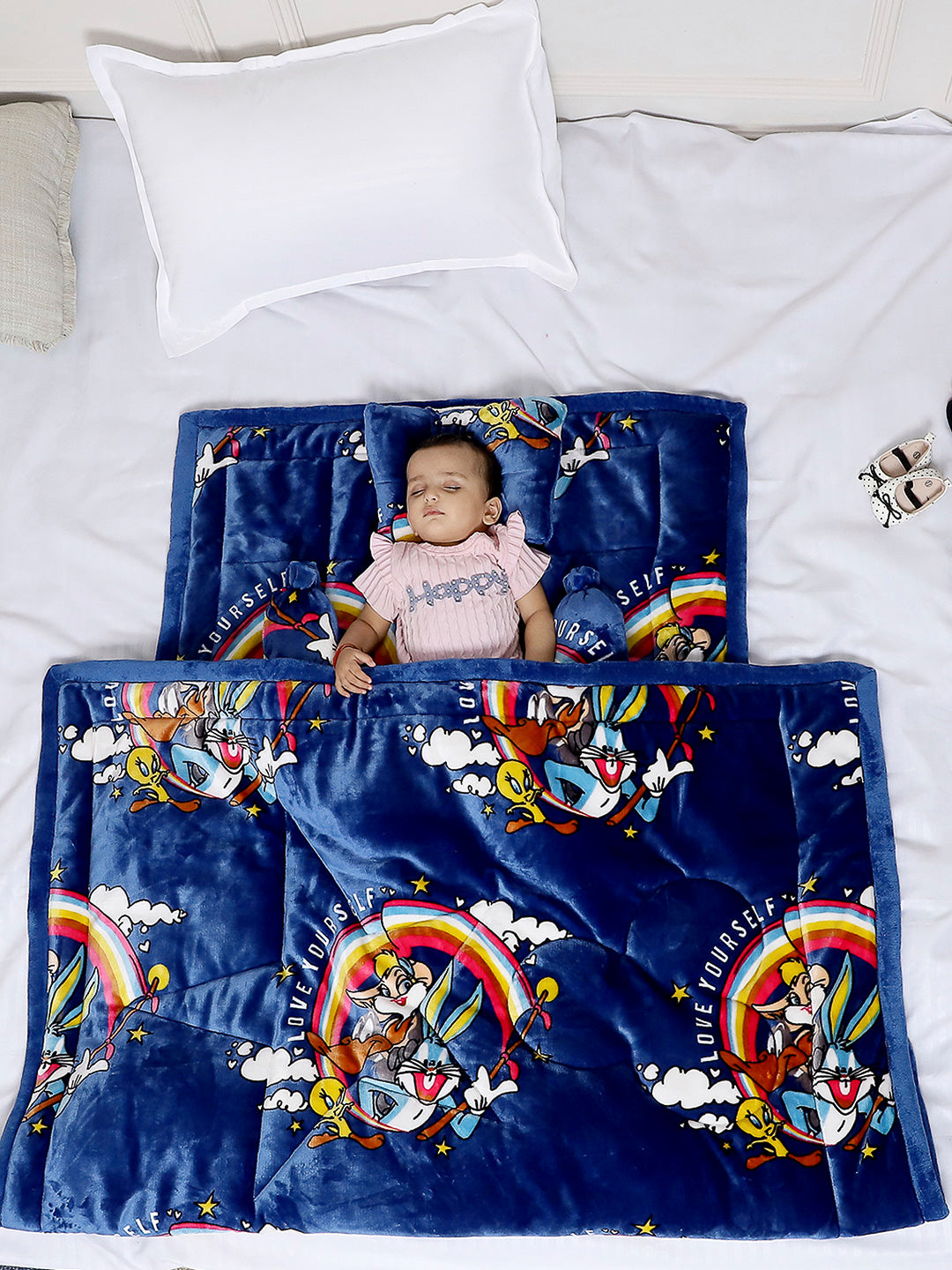 Printed Baby Blanket 3 Ply, 1609 GSM 5Pcs Set (1 Baby Comforter, 1 Bedsheet, 1 Neck Pillow & 2 Bolster)
