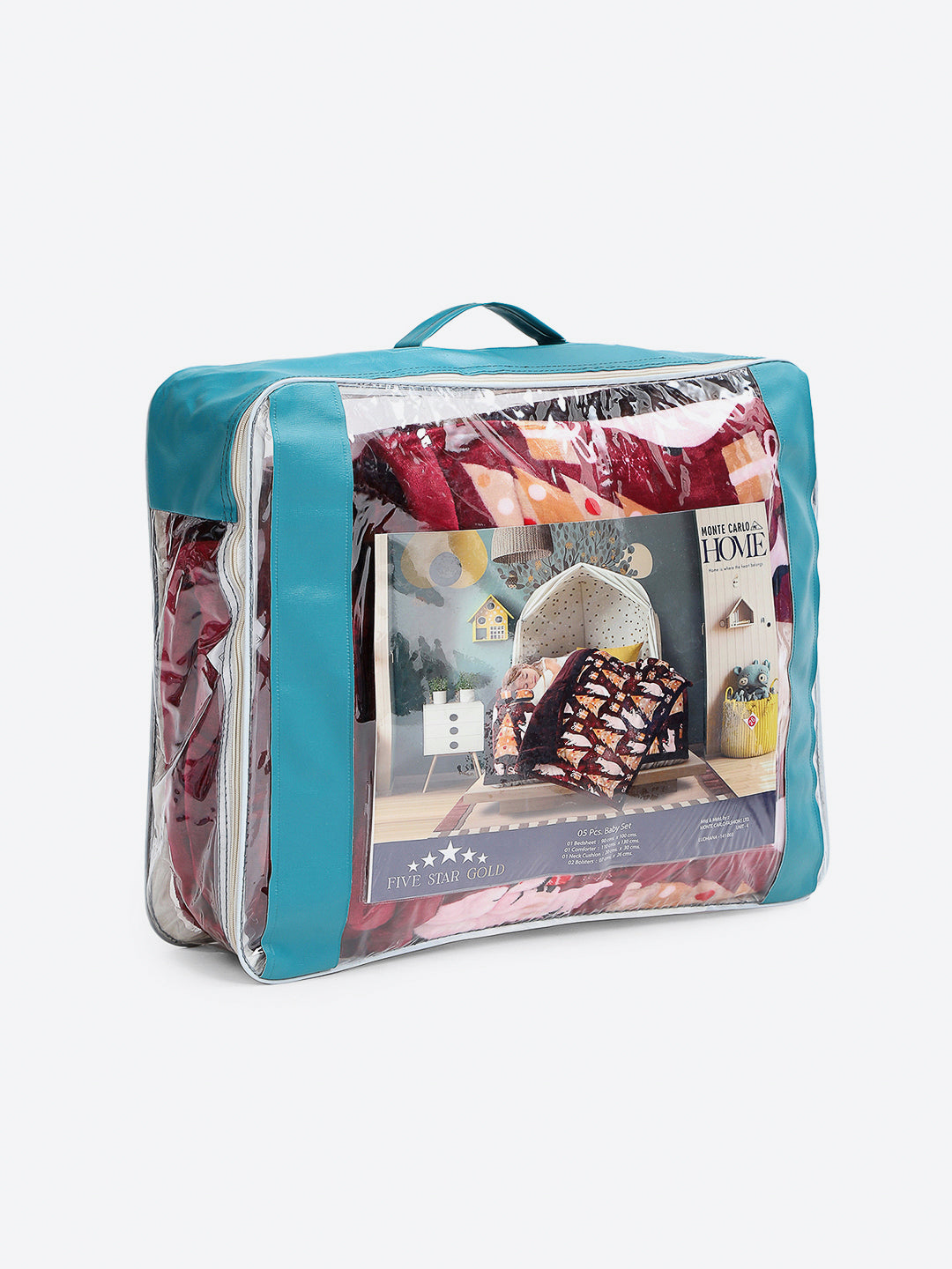 Printed Baby Blanket 3 Ply, 1609 GSM 5Pcs Set (1 Baby Comforter, 1 Bedsheet, 1 Neck Pillow & 2 Bolster)