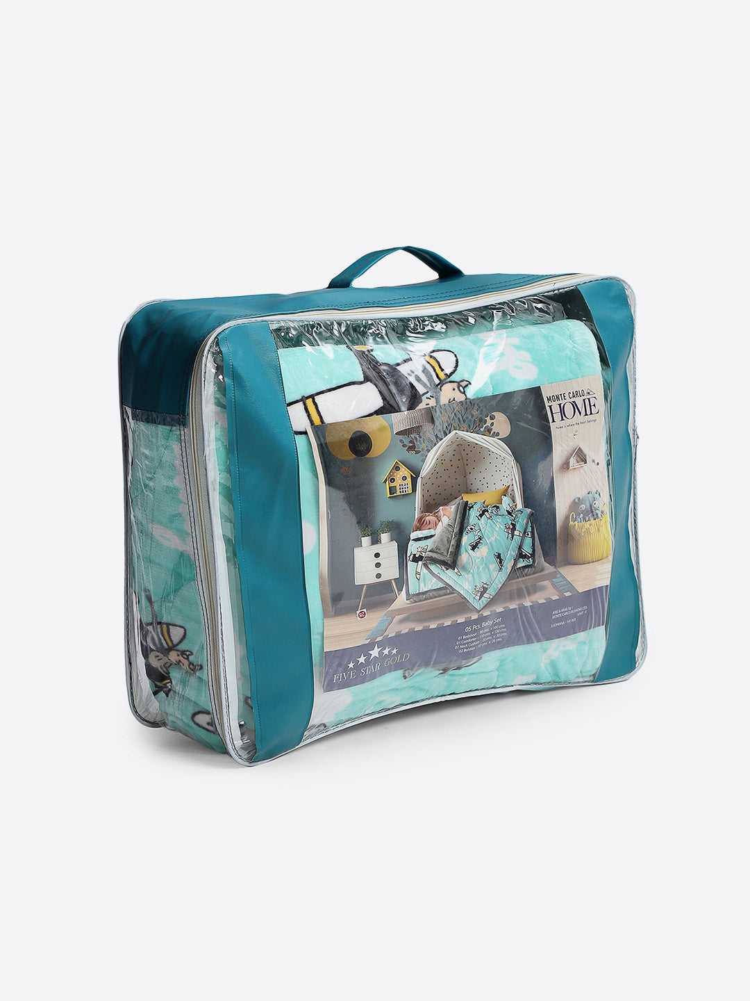 Printed Baby Blanket 3 Ply, 1609 GSM 5Pcs Set (1 Baby Comforter, 1 Bedsheet, 1 Neck Pillow & 2 Bolster)