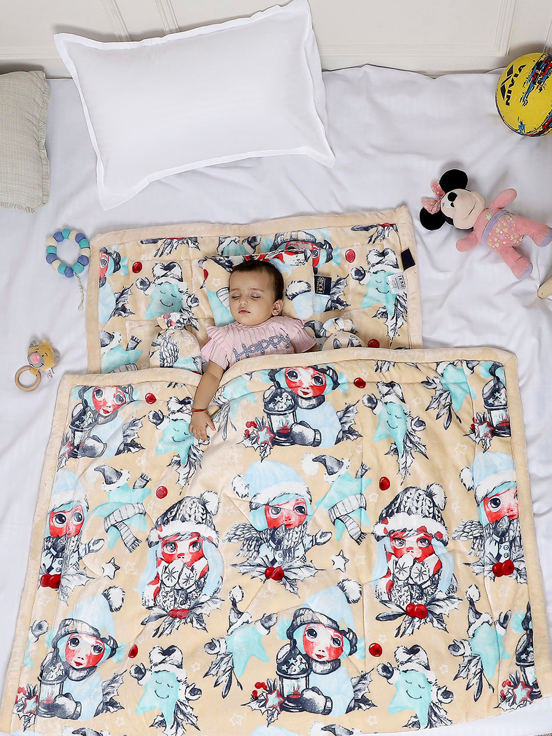 Printed Baby Blanket 3 Ply, 1609 GSM 5Pcs Set (1 Baby Comforter, 1 Bedsheet, 1 Neck Pillow & 2 Bolster)