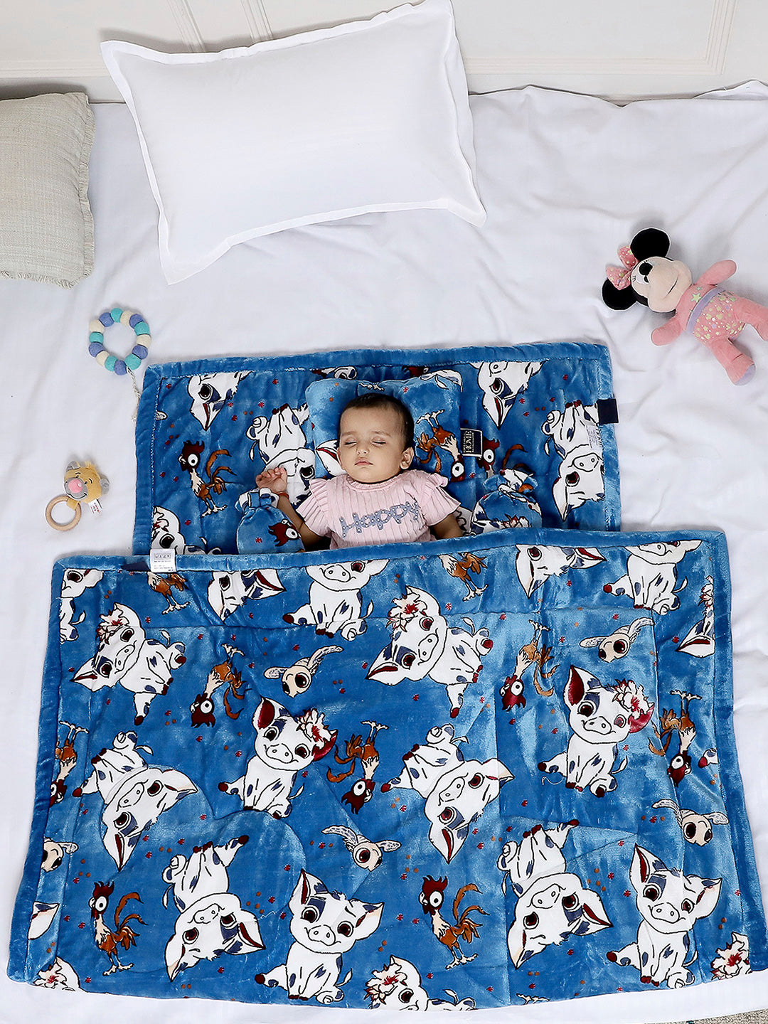Printed Baby Blanket 3 Ply, 1609 GSM 5Pcs Set (1 Baby Comforter, 1 Bedsheet, 1 Neck Pillow & 2 Bolster)