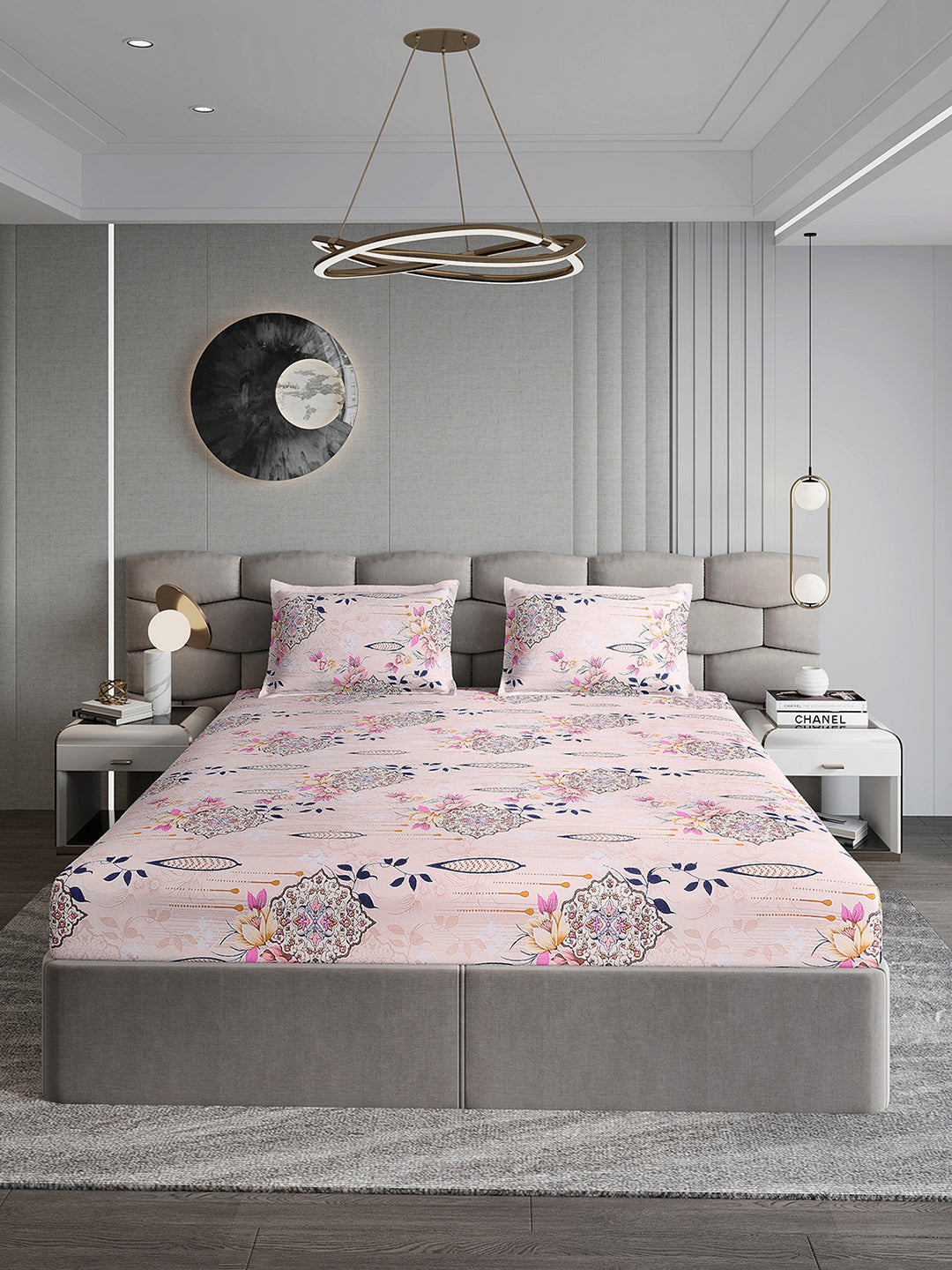 254 GSM Micro King Fitted Bed 1 Fitted Bedsheet with 2 Pillow Cover (Clare FT)