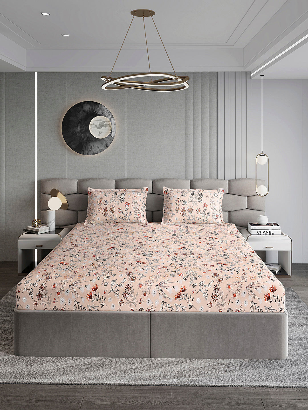 254 GSM Micro King Fitted Bed 1 Fitted Bedsheet with 2 Pillow Cover (Clare FT)